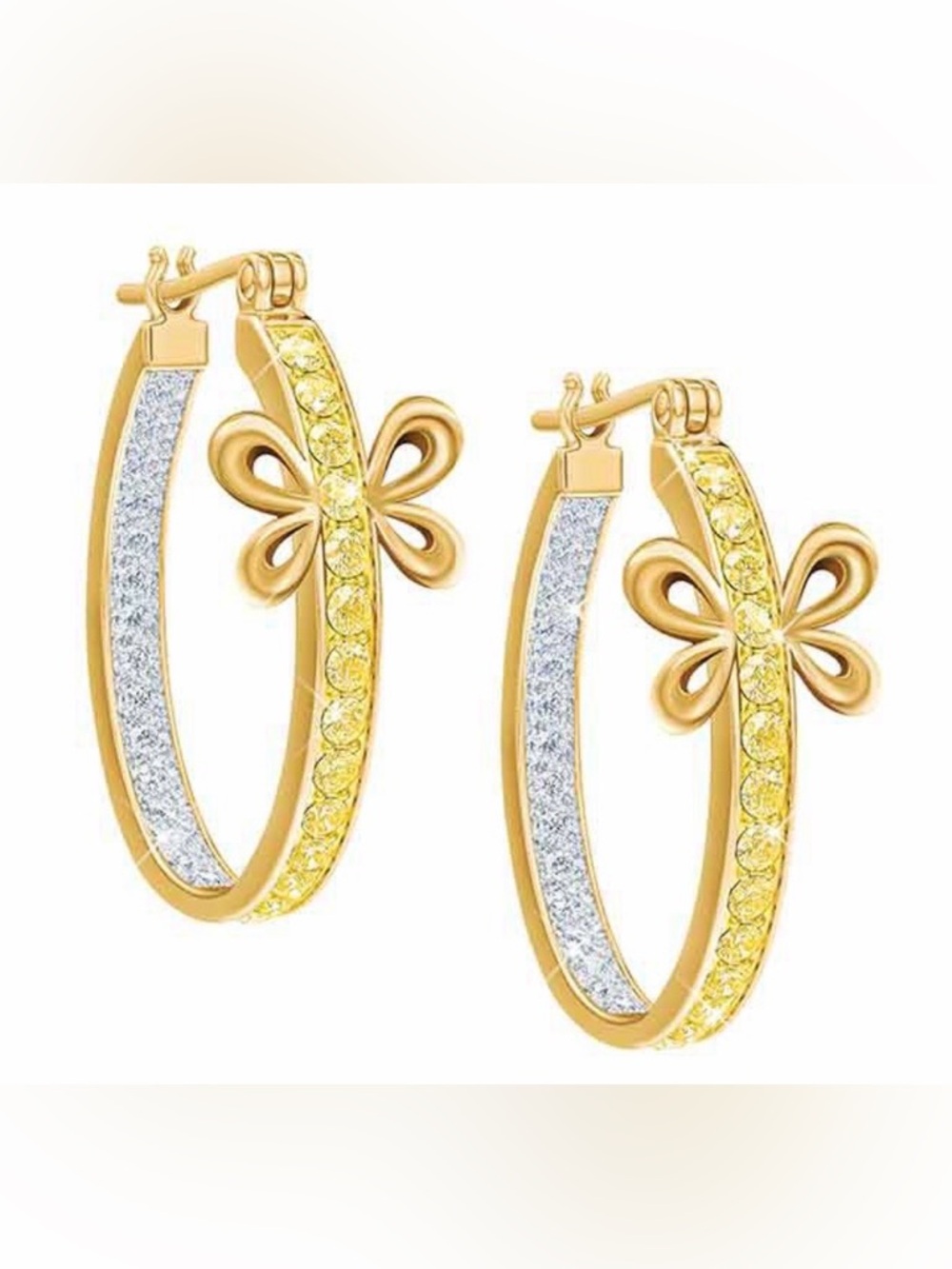 Gold Hoop Earrings with Yellow Crystal Detailing and Butterfly Accent